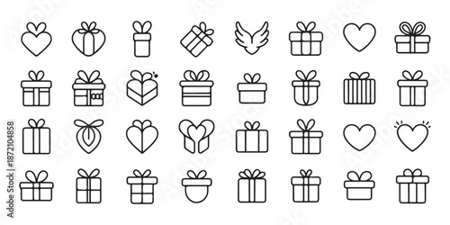 Collection of gift boxes and hearts icons isolated on white background Simple doodle elements for design