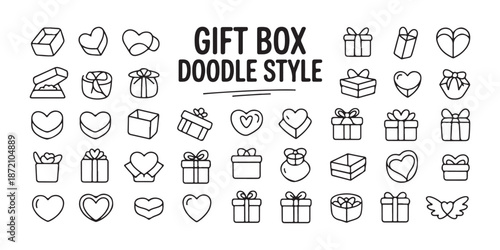 Valentine gift boxes doodle style set hand drawn linear line art icons presents hearts sweets
