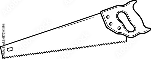 Hand Saw Drawing – Black and White Vector Illustration, Manual Cutting Tool, Toothed Blade, Woodworking, Carpentry, Outline Sketch, Line Art, Editable Vector Design.