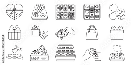 Gourmet chocolate box icons set with luxury truffle assortments and romantic gift packaging symbols