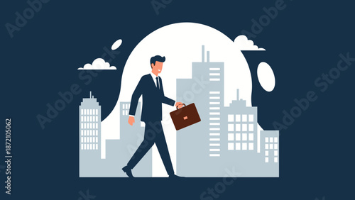 Businessman walking with briefcase in a modern city skyline at dawn, business concept