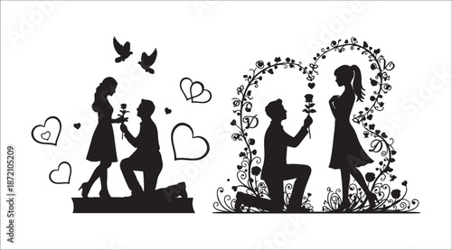 Romantic proposal silhouettes featuring a man offering a rose to a woman, surrounded by love symbols and floral arches. Valentine silhouette vector.