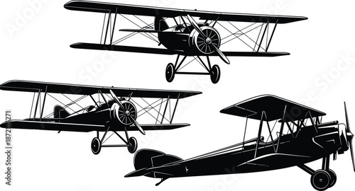 Vintage biplane silhouette set featuring early aviation aircraft with dual wings, propeller front, and historical flight design elements.
