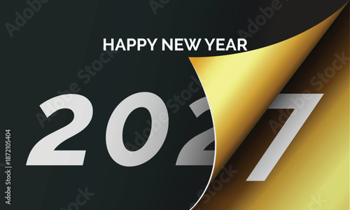Modern vector graphic showing the turning of a paper page to reveal the elegant gold and white numbers for the New Year 2027.