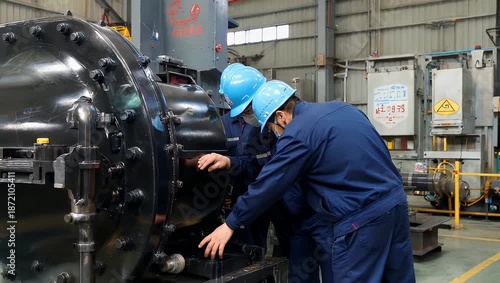 Diligent industrial engineers meticulously inspecting complex machinery within a modern manufacturing facility showcasing technical precision and