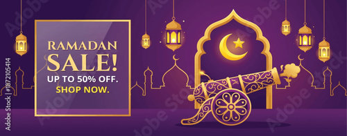 Ramadan Sale Promotion Banner with Cannon and Up to 50 Percent Off Discount