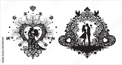A romantic silhouette of a loving couple embraced within an ornate heart and floral design. Valentine silhouette vector.