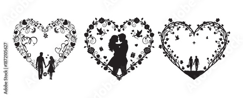 Romantic couple silhouettes in decorative heart frames capturing various stages of love. Valentine silhouette vector.