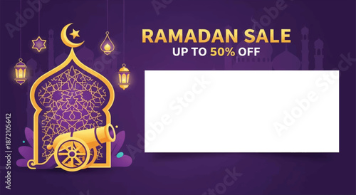 Ramadan Sale Promotion Banner with Cannon and Up to 50 Percent Off Discount