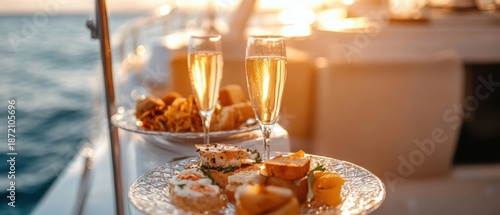 Luxurious brunch setting on a sunlit yacht with crystal plates and sparkling drinks