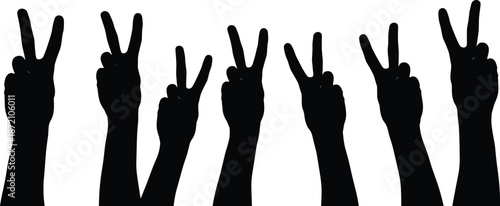 Silhouetted Hands Making Peace Sign Gesture Symbolizing Unity, Protest, Solidarity, Freedom, and Collective Expression on White Background for Social Concepts