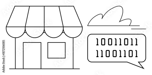 E-commerce, digital retail, internet business, online shopping, technology, communication. Storefront with speech bubble and binary code. E-commerce and digital retail concept
