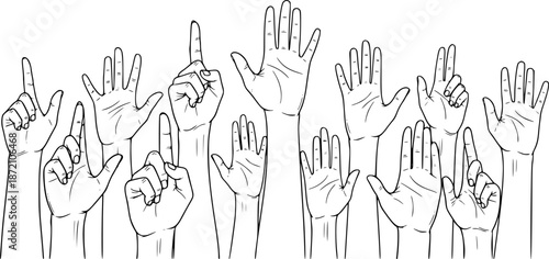 Hand Up Drawing – Black and White Vector Illustration, Raised Hands, Participation, Questions, Call for Attention, Communication, Outline Sketch, Line Art, Editable Vector Design.