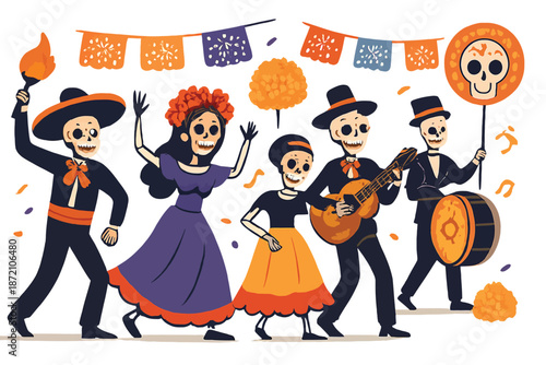  Mexican Day of the Dead Parade, Festive Vector Illustration
