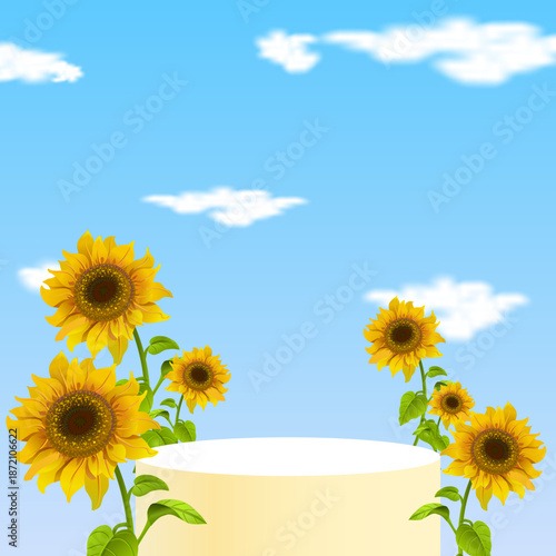 Sunflower Podium Background with Blue Sky, Floral Nature Scene for Product Display Illustration.
