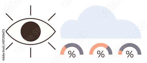 Data monitoring, cloud storage, predictive analytics, visualization tools, information sharing, technology insights. Eye symbol next to cloud and percentage indicators. Data monitoring and cloud