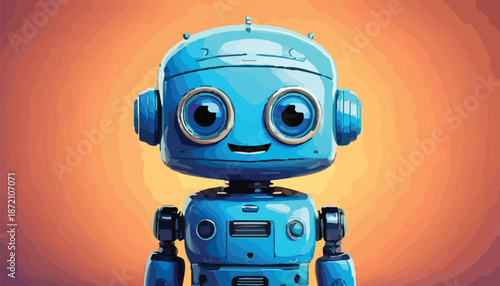 Charming Blue Robot with Big Eyes on Orange Background.