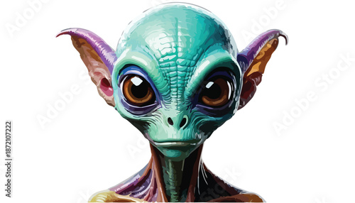 Close-up of a Teal Alien with Large Eyes and Ears.