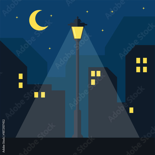 Single street lamp illuminating empty night city street flat vector illustration