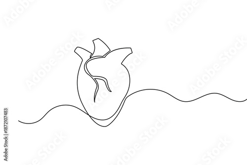 Continuous one line drawing of a human heart for minimalist biology and cardiology design