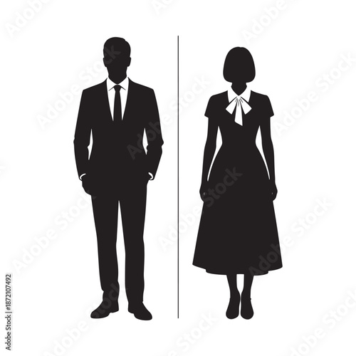 Silhouette of a man and woman standing apart in formal attire