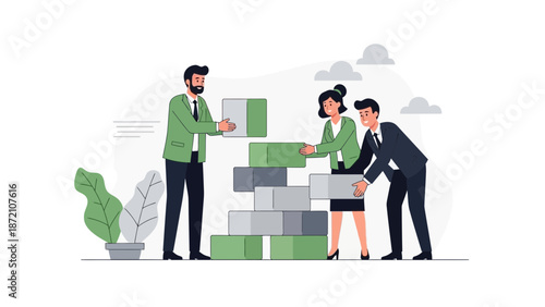Teamwork building blocks success business collaboration flat illustration