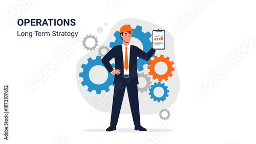 Businessman with Clipboard and Gears - Operations and Long-Term Strategy Concept