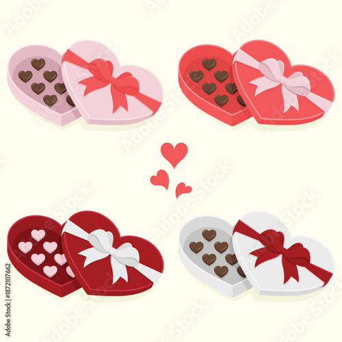 Set of heart shape boxes with bows and chocolates inside for Valentine's Day. Design elements for greeting cards, posters and invitation. Love romantic gift, holiday vector illustration.