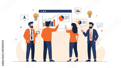 Teamwork presentation, business meeting, data analysis, strategy discussion, teamwork concept