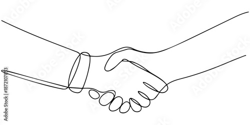 Continuous line drawing of business handshake agreement deal partnership, Elegant continuous line drawing of two hands shaking in a symbol of agreement and partnership vector, Handshake continuous one