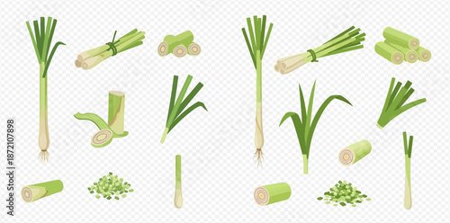Lemongrass set. Whole, cut, and chopped aromatic herb for cooking and aromatherapy.