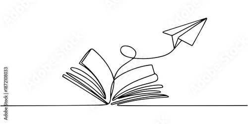 Open book and flying paper plane continuous one line drawing, Continuous one line drawing of open book with flying paper plane. Vector illustration on white background, Continuous one line drawing