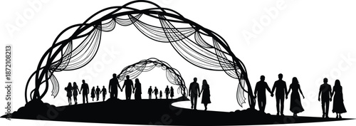 Community people walking under abstract arch silhouette symbolizing unity journey connection diversity togetherness minimalist vector illustration concept social harmony design