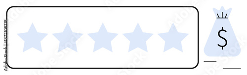 Five stars arranged on a horizontal bar next to a money bag featuring a dollar sign in a minimal design. Ideal for business reviews, quality assurance, financial reliability, customer satisfaction