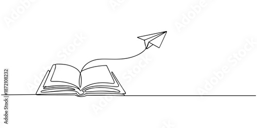 Open book and flying paper plane continuous one line drawing, Continuous one line drawing of open book with flying paper plane. Vector illustration on white background, Continuous one line drawing