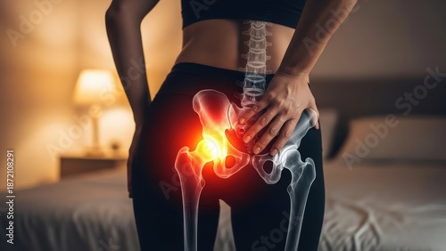 Rear view of a person suffering from hip pain, highlighted by a glowing skeletal overlay of the joint