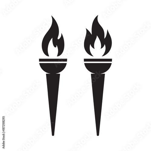 Two lit torches with flames on white background