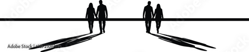 Couple walking silhouette illustration with long shadows symbolizing love companionship balance symmetry concept for romantic lifestyle poster design vector art