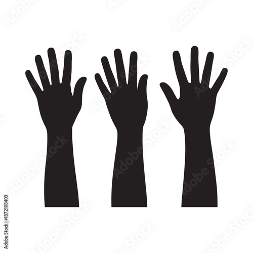 Three black silhouette hands raised up in the air side by side
