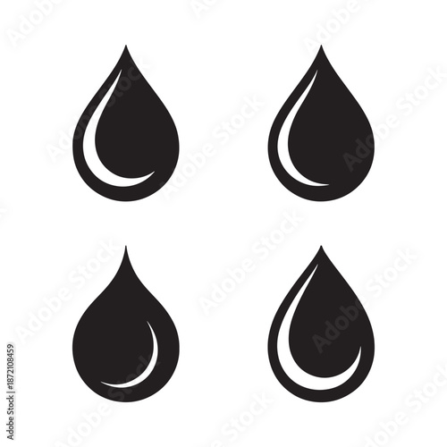Four black teardrop shapes with white highlights on plain background