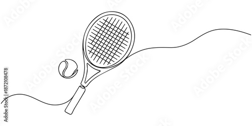 Continuous line drawing of the tennis racket symbol concept. Tennis ball for sports match Vector illustration, One line continuous tennis ball and racket. Sport competition game tennis ball vector