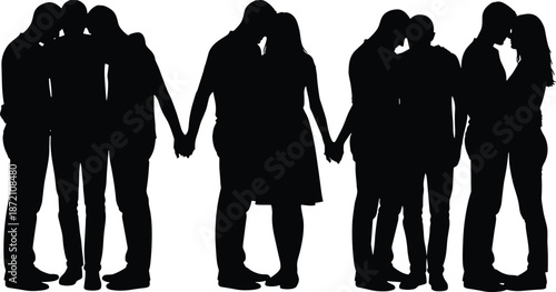 Group of romantic couples holding hands and kissing silhouettes symbolizing love diversity unity relationships modern minimalist vector illustration
