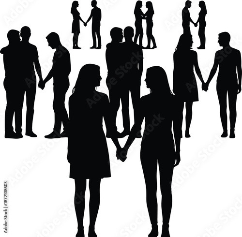 Multiple couples holding hands silhouette representing love relationships unity diversity connection romance togetherness minimalist vector illustration concept