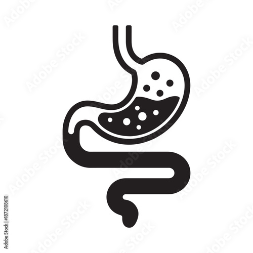 Black and white illustration of human stomach and intestines