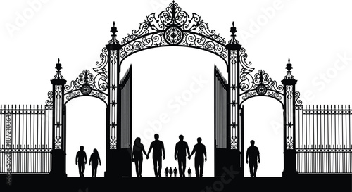 People and families walking through ornate royal gate silhouette illustration symbolizing heritage journey unity community entrance concept for lifestyle banner vector