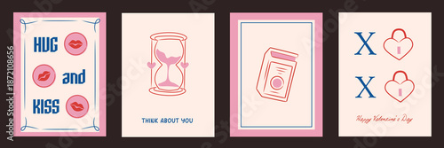 Set of vintage greeting cards for Valentine's Day in coquette. Romantic border with, lips, frame invitation, book icon, la Dolce Vita aesthetic. Vector doodle hand drawn whimsical illustration.