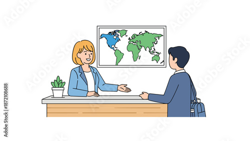 A professional female travel agent extends a warm handshake to a male client across a desk, with a framed map of the world prominently displayed behind her, signifying global travel opportunities.
