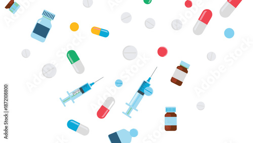 An assortment of colorful pills, capsules, and medical syringes appear to be gracefully falling and floating against a clean white background, symbolizing healthcare, medication, and treatment.