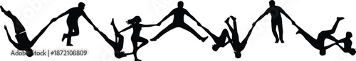 People holding hands jumping silhouette expressing freedom joy teamwork unity energy cooperation success dynamic lifestyle illustration