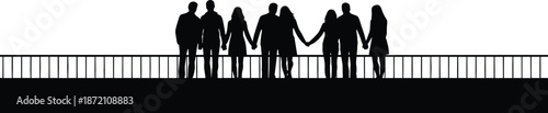 People holding hands standing on bridge silhouette illustration symbolizing unity friendship support togetherness journey concept for community social banner vector design